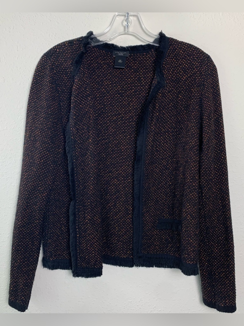 Ann Taylor Women’s Fringe Hem Open Knit Blazer Cardigan SP Hint of Orange Soft